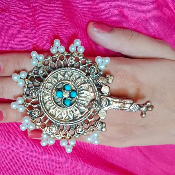 Tribal Jewelry Set With Pearls And Golden Big Motif, Turquoise Beaded Necklace - Picture 2 of 10